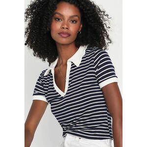 Lulus Charming Trend Navy Blue And White Striped Collared Top - Size S